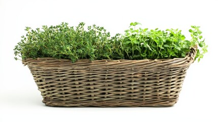 Fresh Green Herbs in Woven Basket on White Background
