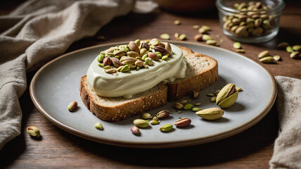 Pistachio cream on slice of toast bread, flat lay, top view. Delicious pistachio cream made with organic pistachios on rustic wooden table