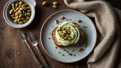 Pistachio cream on slice of toast bread, flat lay, top view. Delicious pistachio cream made with organic pistachios on rustic wooden table