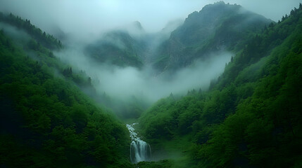 Obraz premium Misty Mountain Valley with Lush Green Forest and Cascading Waterfall