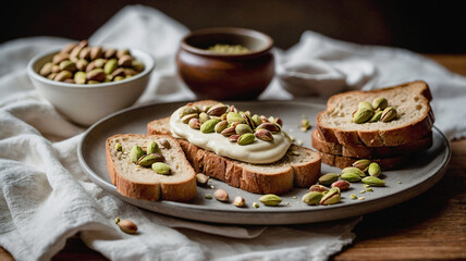 Pistachio cream on slice of toast bread, flat lay, top view. Delicious pistachio cream made with organic pistachios on rustic wooden table