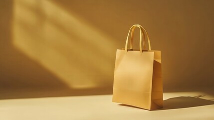 Brown paper shopping bag isolated on beige background, eco-friendly packaging, shopping, delivery concept.