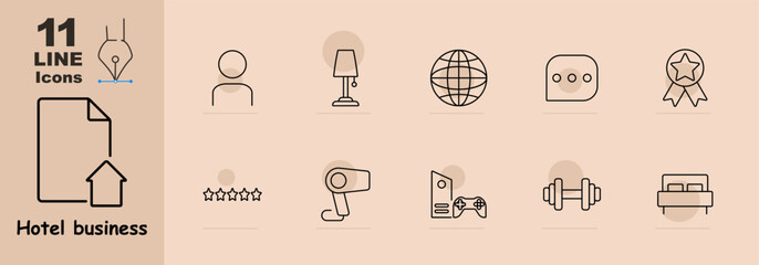 Hotel business set icon. Document, person, desk lamp, globe, chat bubble, award ribbon, stars, hairdryer, gaming console, weights, and bed. Hotel amenities, customer comfort, and entertainment