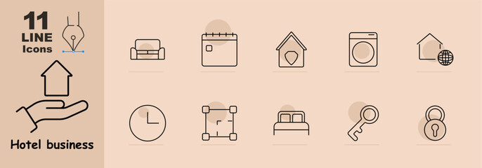 Hotel business set icon. Couch, calendar, secure house, laundry, global property, clock, blueprint, bed, key, and lock. Highlights accommodation services, security, and planning