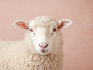 Obraz premium portrait of white sheep looking at camera against pink background