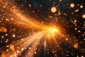 Obraz premium Bright golden particles swirl in a cosmic dance against a deep blue backdrop at night