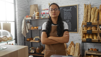 Young woman standing confidently in a bakery with arms crossed, surrounded by various breads and pastries, in an indoor room in china.
