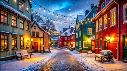 Naklejka premium Colorful Winter Street Scene: Vintage Architecture & Festive Lights