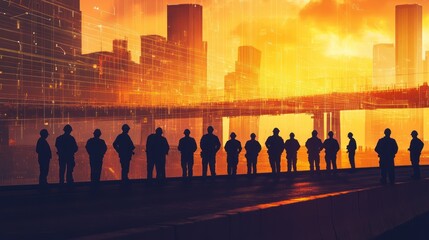 Silhouettes of Workers in Front of Futuristic Cityscape