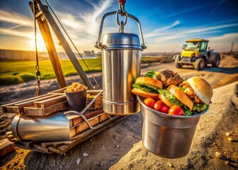 Construction Worker Lunch: Metal Bucket Hanging on Heavy Machinery