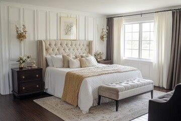 Elegant Beige Bedroom With Large Upholstered Bed