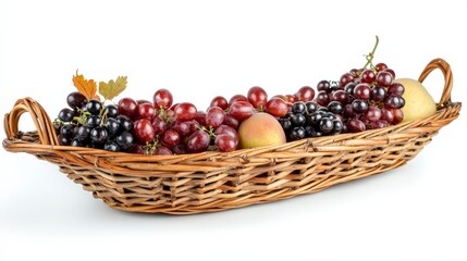 Colorful Woven Basket with Fresh Grapes and Apples Displayed