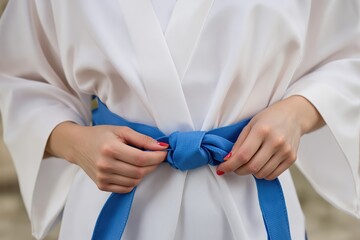 young woman tying her blue belt around her white kimono