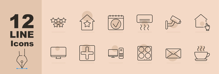 Smart home icon. Star rating, favorite house, schedule, air conditioner, surveillance camera, touch interface, monitor, medical screen, email, coffee cup, stove control. Smart living home automation