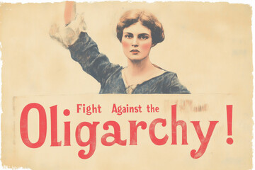 vintage protest poster with woman raising fist against oligarchy