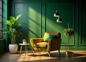 Cozy Modern Living Room Silhouette - Green Armchair & Dark Green Wall