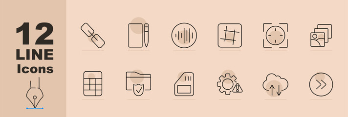 Interface and settings set icon Links, pens, sound waves, grid, image gallery, cloud sync, upload, warnings. Interface design, system adjustments