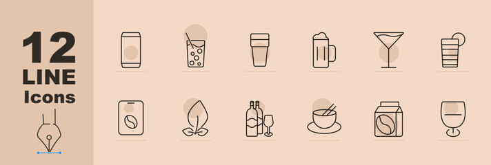 Beverages set icon Soda can, drink glass, beer mug, cocktail, juice, coffee app, coffee plant, wine bottle, bowl with chopsticks, coffee carton, wine glass. Drinks, beverages, food
