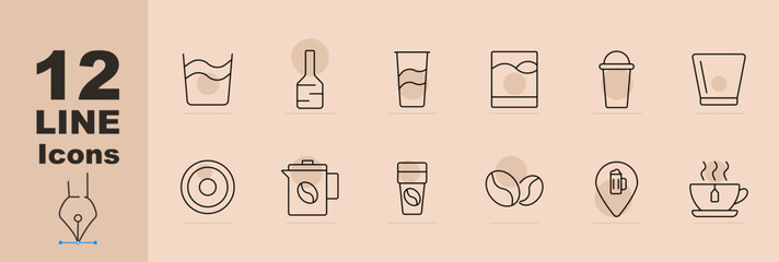 Coffee and drinks set icon Coffee cup, coffee maker, beans, shop location, tea cup, shaker, glass, espresso, latte, iced , cold brew. Coffee, beverages, cafe