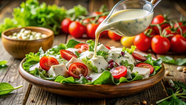 Creamy Blue Cheese Dressing Drizzled Over Fresh Salad - Stock Photo