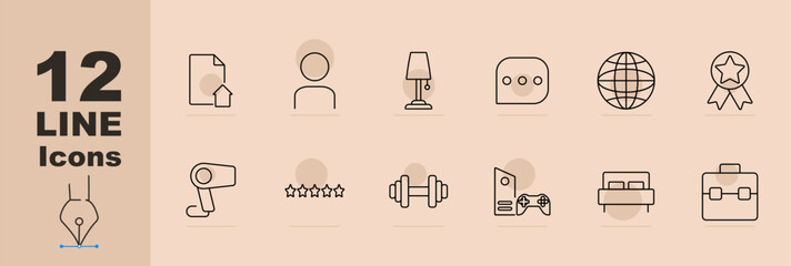 Home and lifestyle set icon Document, profile, lamp, chat, globe, medal, hairdryer, five stars, dumbbell, console, bed, briefcase. Lifestyle, home, leisure