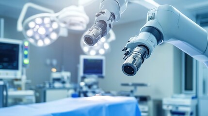 A close-up of a sophisticated robotic surgical arm in action during a procedure, with a clean, high-tech operating room in the background