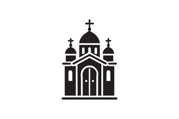 simple and subtle vector silhouette of church in black and white, set against a white background. 