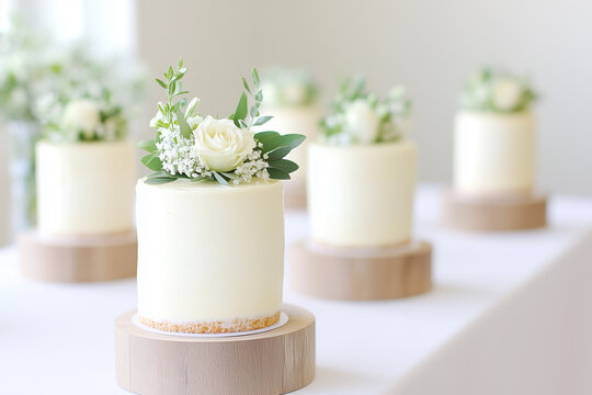 elegant mini wedding cakes decorated with white flowers on wooden stands