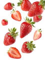 Falling strawberries isolated, with vivid red color and texture, ideal for fruit or dessert-related visuals.