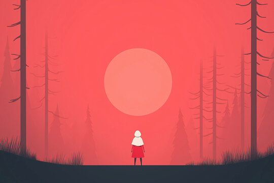 handmaid silhouette against red sun in dystopian forest landscape illustration