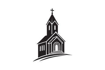 simple and subtle vector silhouette of church in black and white, set against a white background. 