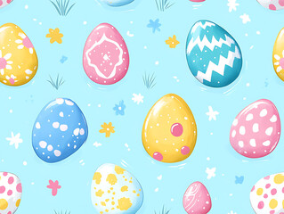 Pastel Easter egg pattern: Decorative eggs, flowers, and grass on a light blue background.