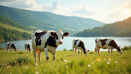 Fototapeta premium Idyllic Cows Grazing: Serene Pastoral Scene in Lush Green Meadow