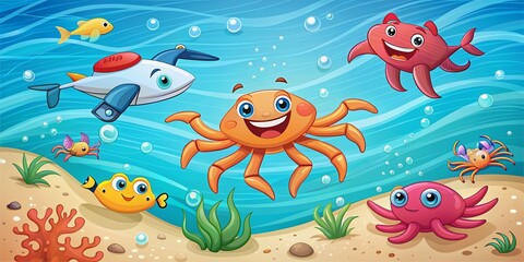 Obraz premium Cute Cartoon Sea Animals Aerial View: Drone Photography with Copy Space
