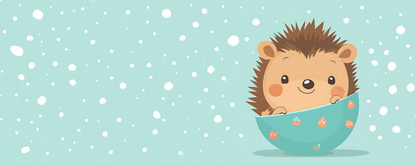 Cute hedgehog snuggled in a cup, snowflakes falling on a pastel background.