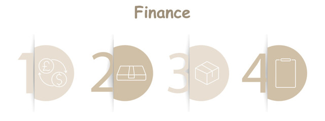 Finance set icon. Currency exchange, suitcase, box, clipboard, banking, savings, transactions, management, documentation.