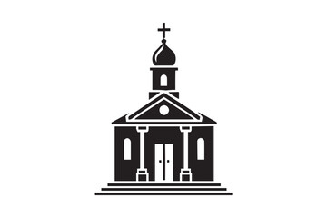 simple and subtle vector silhouette of church in black and white, set against a white background. 