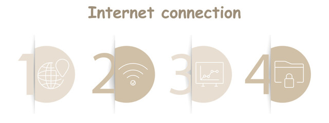 Internet connection set icon. Globe with pin, Wi-Fi with checkmark, graph on monitor, secure folder, online access, analytics, data safety, connectivity.