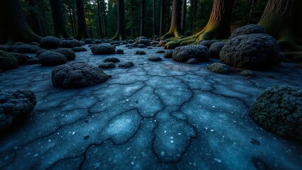 Frosty lava landscape with quartz crystals, tree bark, and luminescent lichens