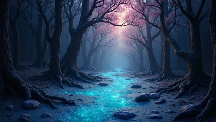 Ethereal forest landscape with crystalline lava flow, ancient trees, iridescent crystals, and...