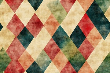 Fototapeta premium Vintage geometric diamond pattern in muted reds, greens, and beige.