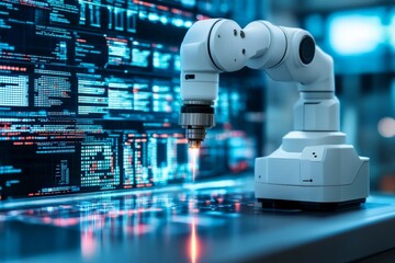 Robotic arm performing precision tasks in a high-tech laboratory filled with data visualizations
