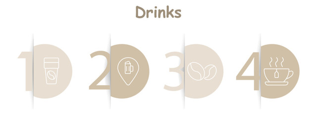 Drinks set icon. Coffee cup, beer mug in location pin, coffee beans, tea cup, beverages, preferences, warm drinks, relaxation