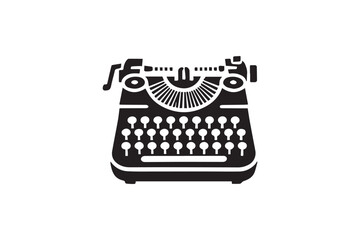 simple and subtle vector silhouette of typewriter in black and white, set against a white background. 