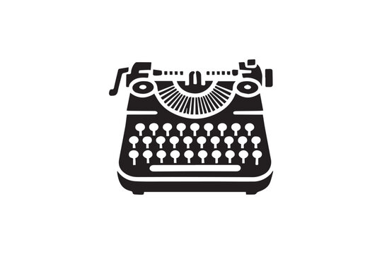 simple and subtle vector silhouette of typewriter in black and white, set against a white background. 