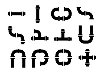 Pipe Fitting Icon Set: Plumbing and Pipeline Connections in Black Silhouettes
