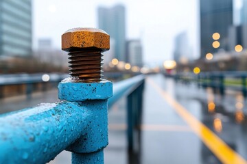 Close-Up of Rusty Bolt on Blue Metal Railing in Urban Setting