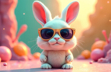 Cool bunny with sunglasses on colorful background