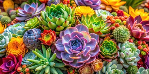 Vibrant mix of colorful flowering succulent plants arranged in a beautiful bouquet
