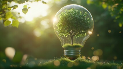 Tree in lightbulb, nature background, green energy concept
